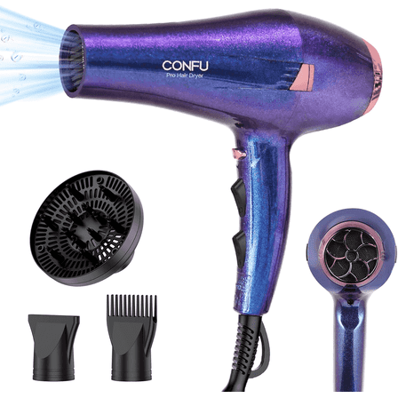 Hair Dryer, CONFU 1875W Professional Ionic Blow Dryer for Hair Care,3 Attachments for Home Salon Travel, Purple