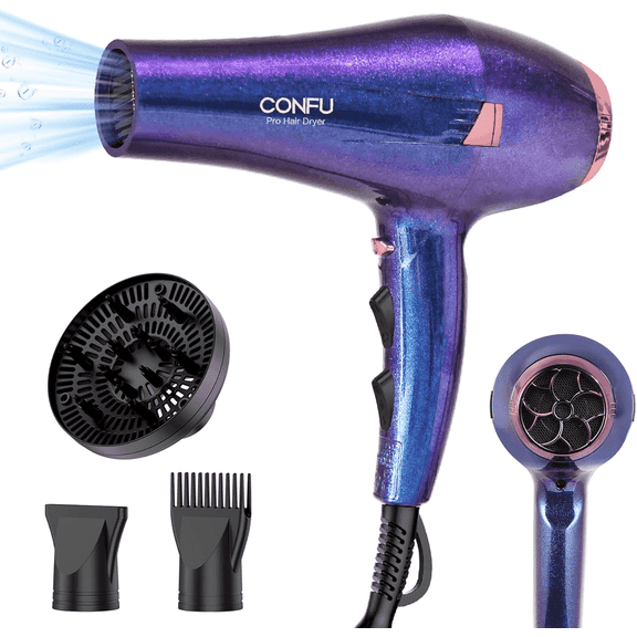 Hair Dryer, CONFU 1875W Professional Ionic Blow Dryer for Hair Care,3 Attachments for Home Salon Travel, Purple