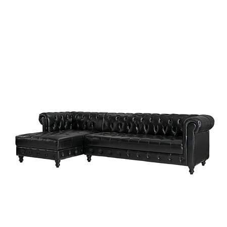 Tufted Leather Sectional Sofa Classic Real Tufted Leather Chesterfield L Shape Sectional Sofa with Chaise (Black) ()