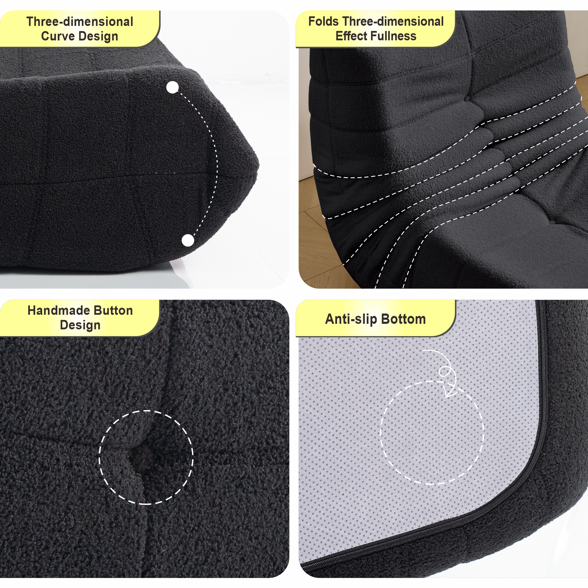Evita Teddy Fabric Black Bean Bag Chair with Ottoman, Memory Foam Lounge Chair for Adults, Ergonomic Floor Seating Sofa for Living Room or Bedroom