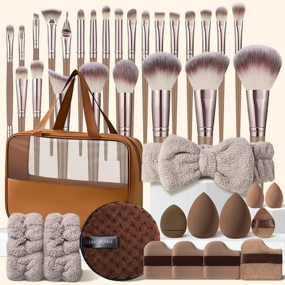 Juego de brochas de maquillaje HGHDBT, 40 piezas, color marrón con funda profesional