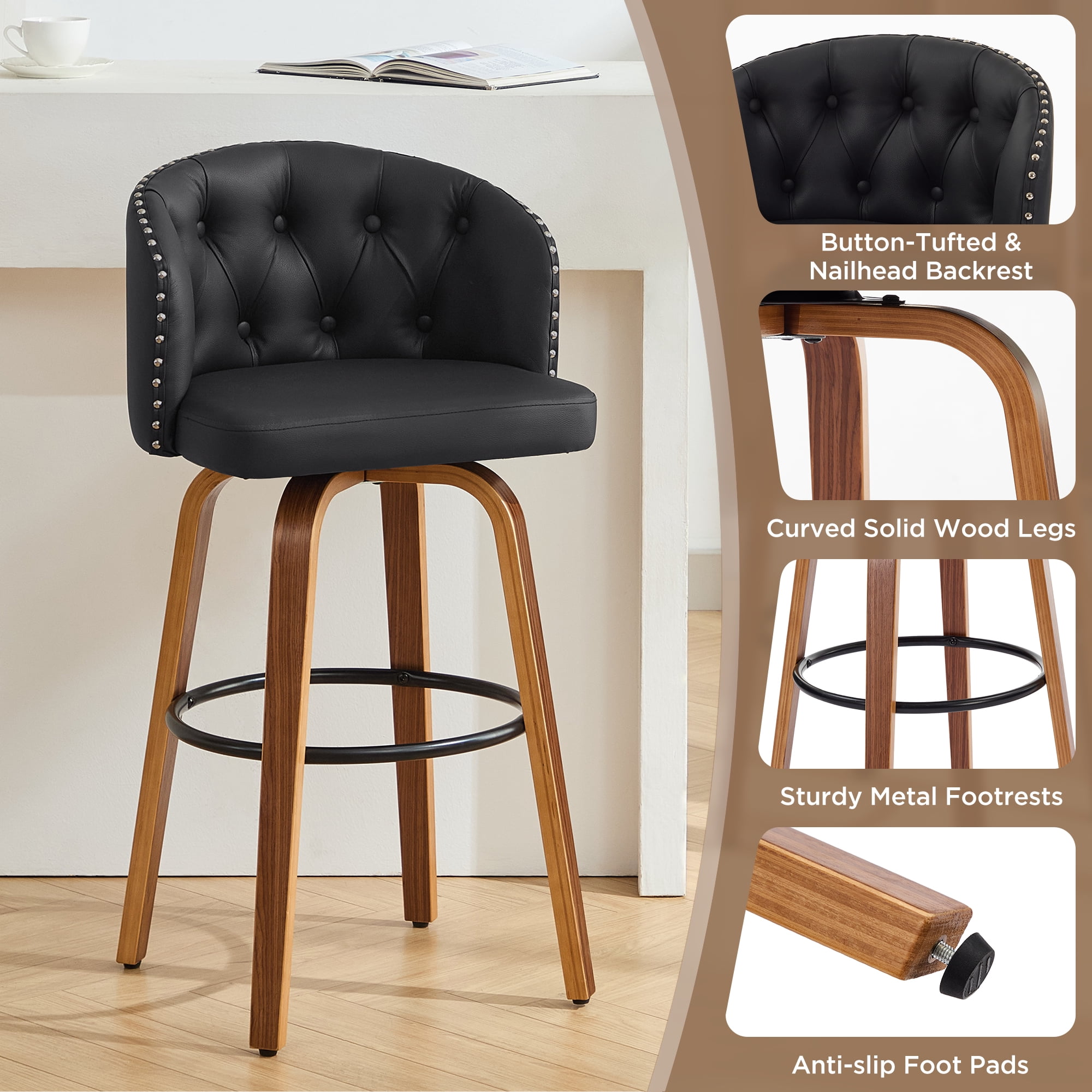 Fahomiss 26" Swivel Counter Height Bar Stools with Back Set of 2, Black Leather Kitchen Stools
