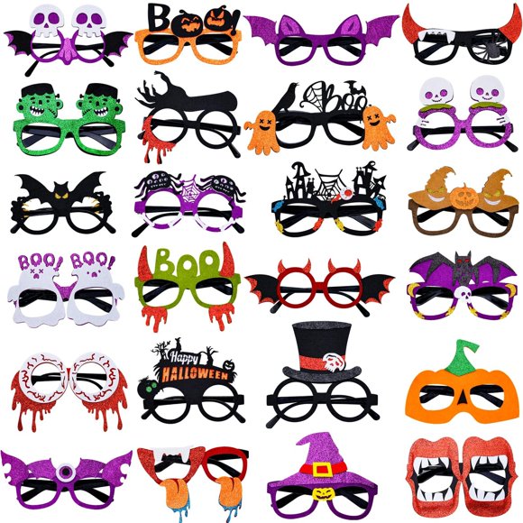 Sparkle Party Gles - 24 Pcs Kids Plastic Gles with Glitter Photo Booth Props for Halloween Parties, Decorations with Pumpkin, Spider, Ghost