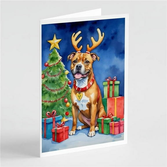 Carolines Treasures DAC7872GCA7P 5 x 7 in. Staffordshire Bull Terrier Christmas Reindeer Greeting Cards, Pack of 8