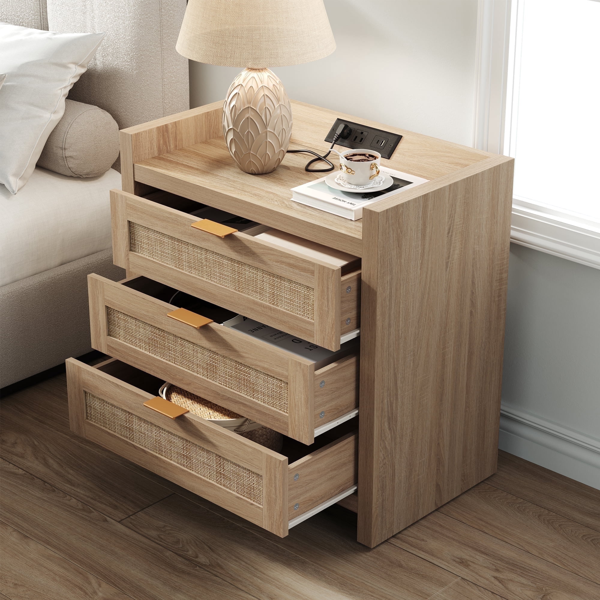 SICOTAS Boho Night Stands with Charging Station, Rattan Nightstands with Type-c Ports 26.57"H Tall Bed Side Table with 3 Drawers for Bedroom Enrtyway Livingroom,Light Oak