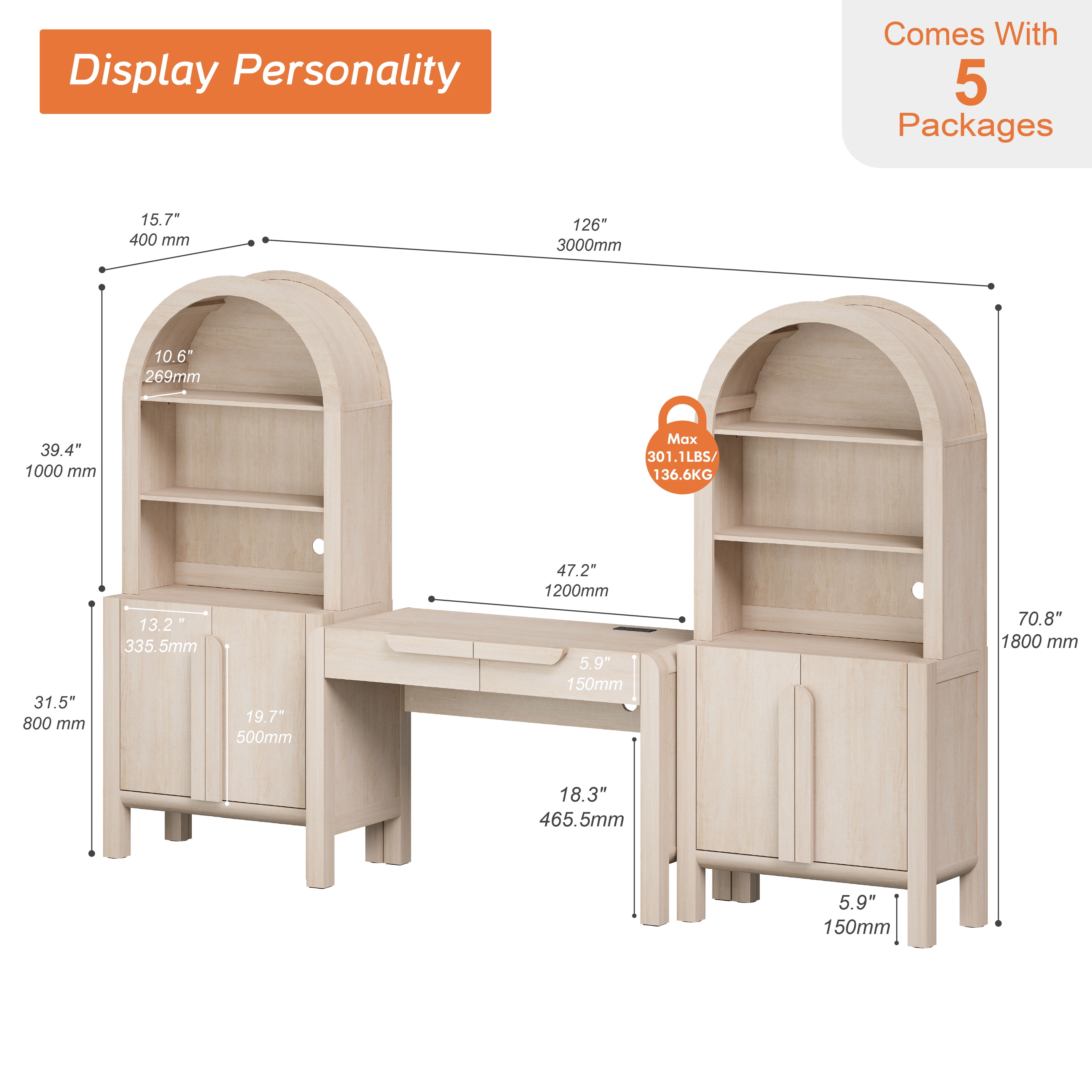 Home Office Set, 47" Modern Executive Desk with Charging Station and Drawers & 2 Piece 71"H Tall 5-Tier Arched Bookcases with Storage Cabinet for Living Room, Bedroom, Home Office