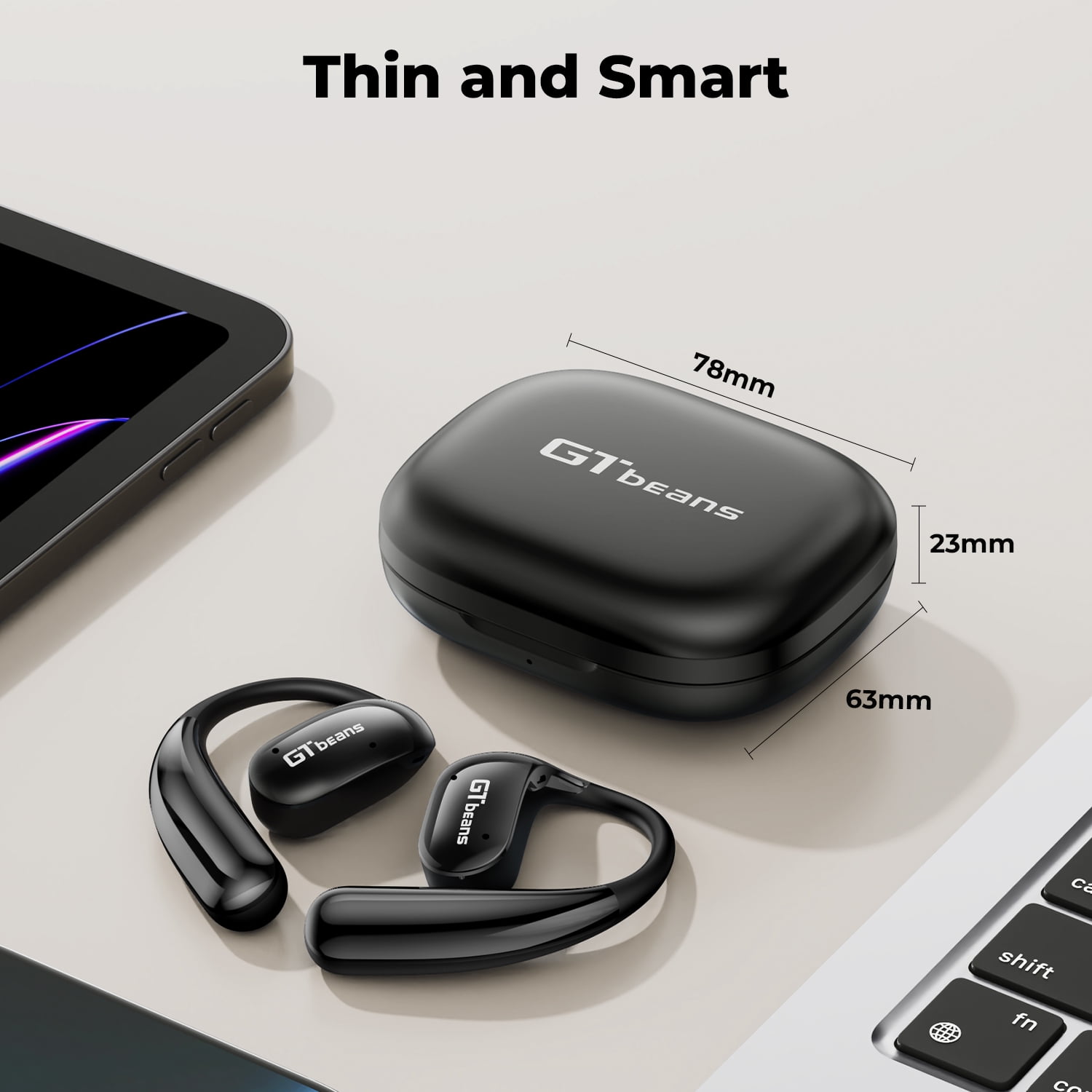 GTbeans E20 Open-Ear Earphones OWS Ear Hooks Wireless Bluetooth 6.0 Headphones IP55 Waterproof 56 Hrs Playtime 4 Mic Clear Call Sports Earbuds, Black