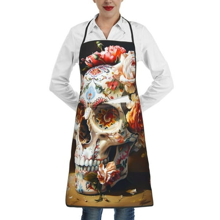 

Gaeub Rose Floral Skull Kitchen Cooking Aprons Adjustable Bib Apron Waterdrop and Oil Resistant Kitchen Chef Apron for Women Men