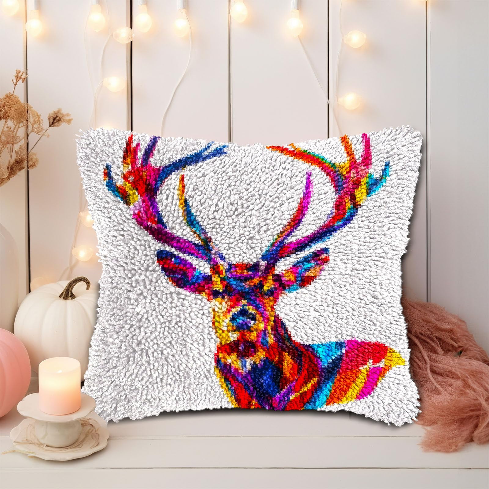 Colorful Abstract Elk Deer DIY Latch Hook Pillow Kits for Adults Printed Pillowcase Crochet Yarns Hooking Handmade Pillow Cover Cushion for Home Sofa Decoration 17x17inch(2)
