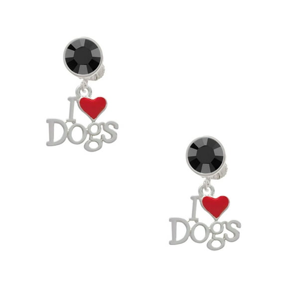 Delight Jewelry Silvertone I love Dogs with Red Heart Black Crystal Clip on Earrings