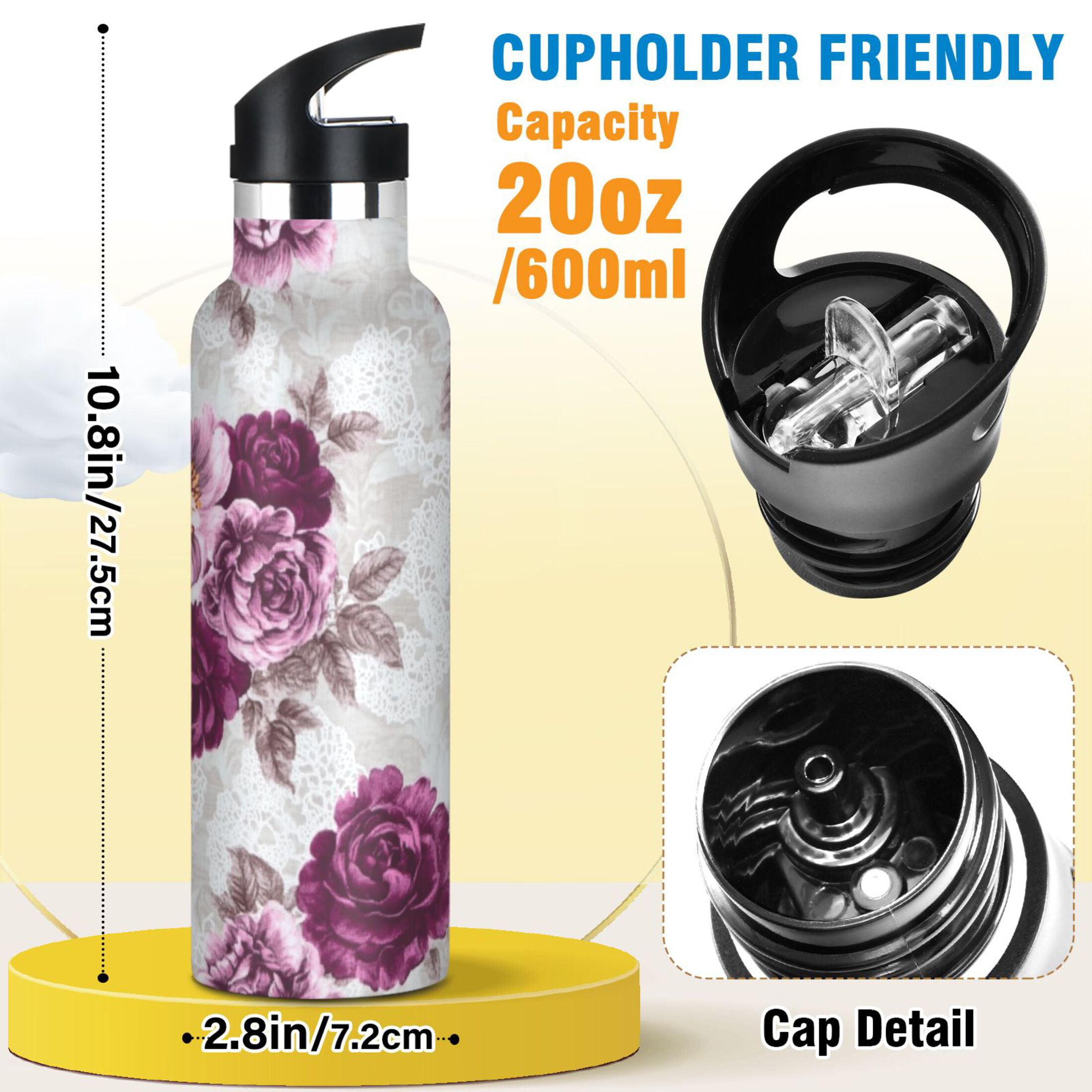 Kids Insulated Stainless Steel Sports Water Bottle 600ml (20oz) Magenta Roses