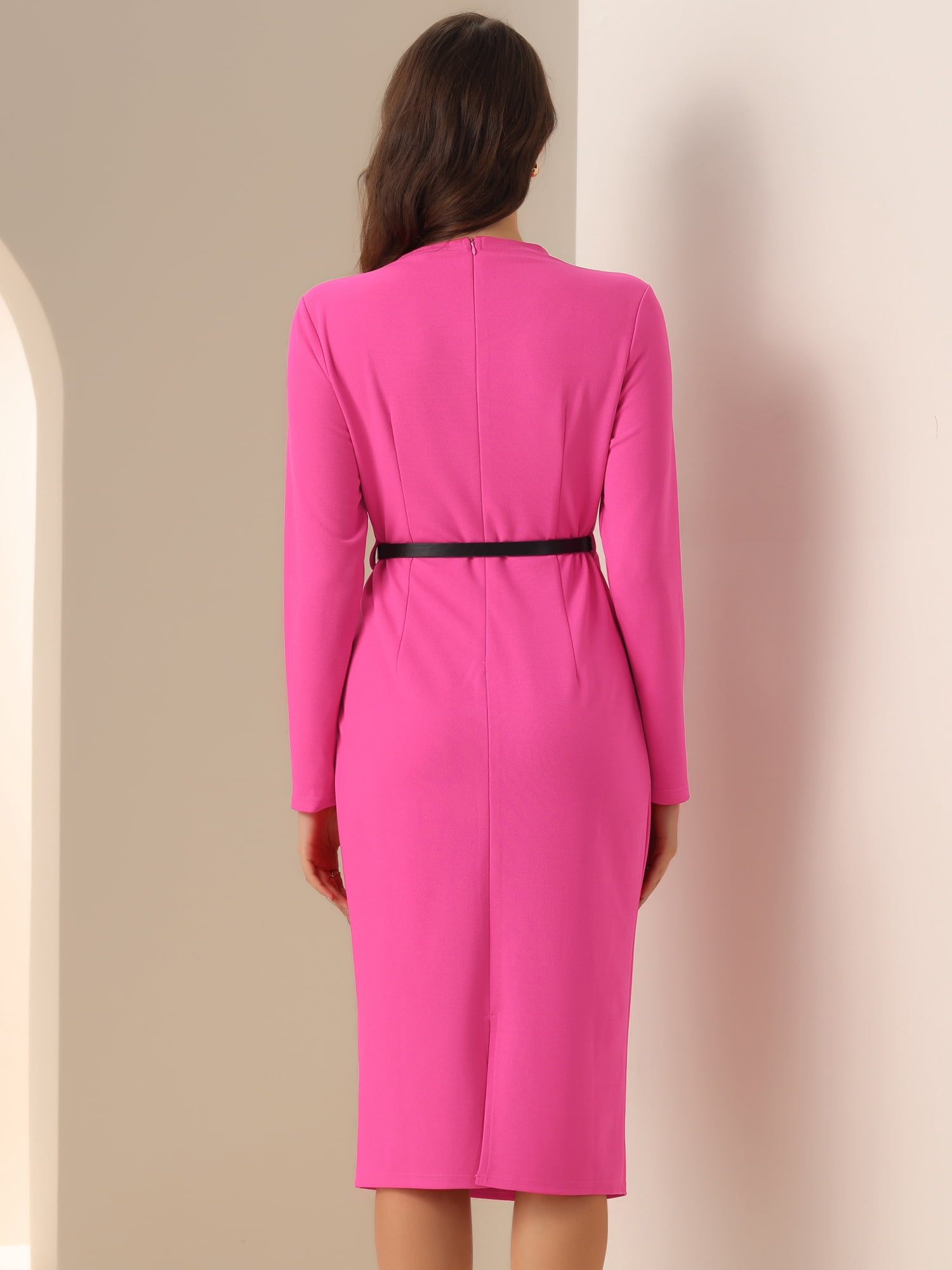 DARING DIVA Belted Waist Bodycon Work Sheath Dress M Hot Pink