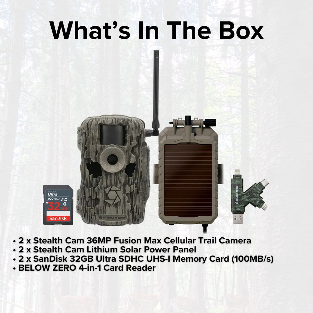 Stealth Cam Fusion MAX Dual Sim 36MP Trail Camera (2-Pack) Bundle with Stealth Cam Solar Battery, 32GB Memory Card, and Card Reader (6 Items)
