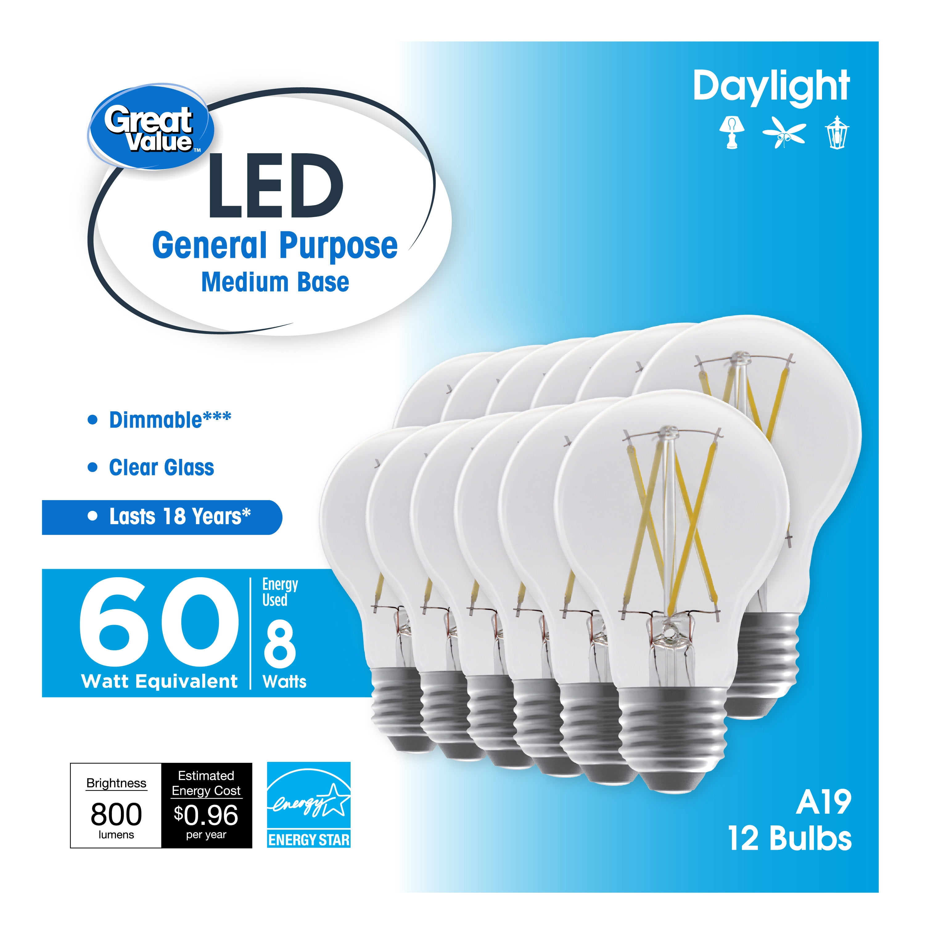 (2 pack) Great Value 18 Year LED Light Bulbs A19 60 Watts Equivalent, E26, Dimmable Daylight Clear Glass, 12 Pack