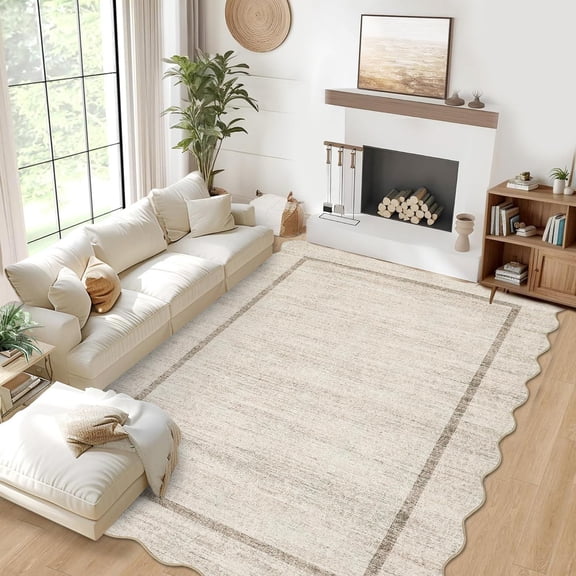 Beige Scalloped Washable Rug 9x12 Area Rug for Bedroom Modern Living Room Rug Farmhouse Non Slip Large Area Rug Soft Throw Rugs Stain Resistant Carpet for Dining Room Nursery
