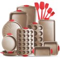 thumbnail image 2 of Virtu Nonstick Carbon Steel Bakeware Set, 39pc Brown Baking Pan Set With Silicone Handles & Red Cooking Utensil Set, 2 of 9