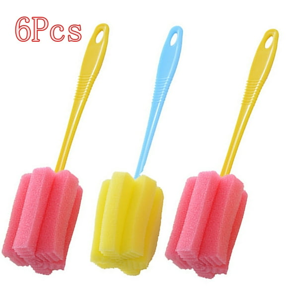 SPRING PARK 6Pcs Soft Hanging Sponge Cleaning Brush Cleaner with Long Handle Cup Feeding Bottle Scrubber Washing Brushes for Coffee Glasses Pot Milk Cup Mugs Winebottle Baby Bottles