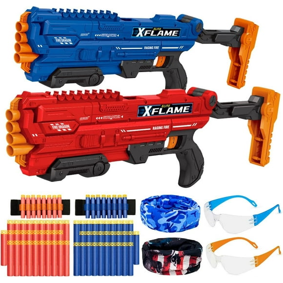 2 Pack Blaster Gun Set for Nerf – Foldable Stock, 4-Dart Loading, 8-Dart Storage, Includes 60 Darts, 2 Dart Wristbands, 2 Battle Headbands, 2 Goggles – for Kids Age 8-12 Year Old and Adults