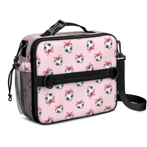 Football and Bow Pink Pattern Insulated Lunch Bag with Shoulder Strap and Bottle Holder,Bento School Lunch Bag Box,11x9.5x3.5 Inches