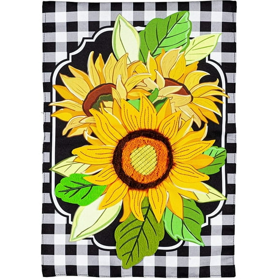 Evergreen Sunflowers and Checks Garden Linen Flag 12.5 x 18 Inches Indoor Outdoor Decor