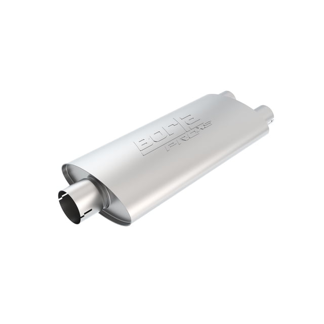 Borla Exhaust Muffler 400486 Pro XS Series; T-304 Stainless Steel; 4 Inch Height x 9-1/2 Inch Width Case; Single 3 Inch Center Notched Inlet; Dual 2-1/4 Inch Notched Outlet; 19 Inch Body