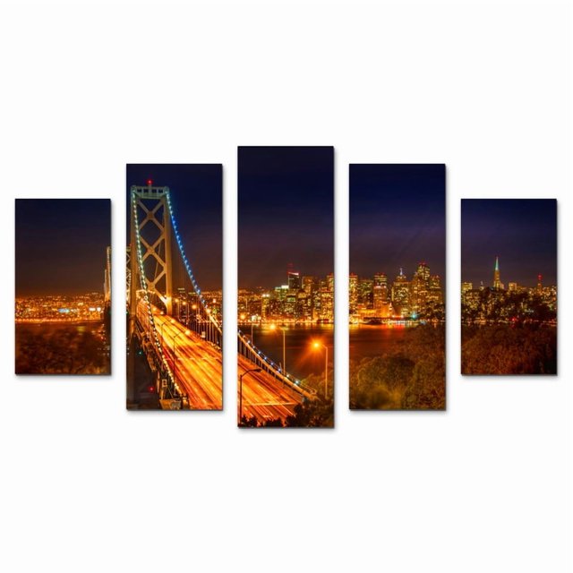 Juego de Cuadros Decorativos, Puente de la Bahía de San Francisco, Estilo Urbano y Luminoso, 5 Piezas, Ideal para Sala y Oficina, 150x80cm
