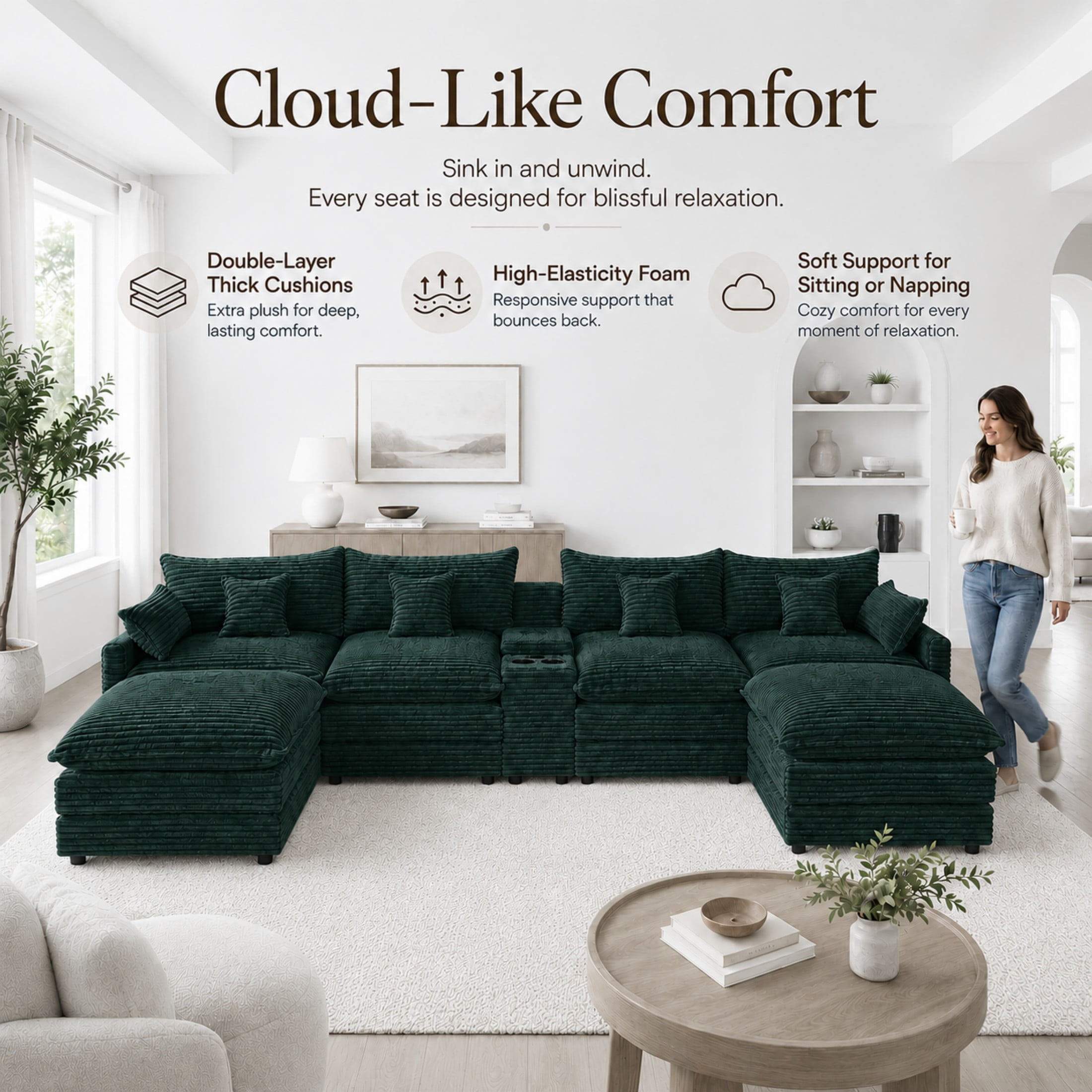 Aenkyo 141-Inch U-Shaped Corduroy Cloud Sectional Sofa with Console, Green