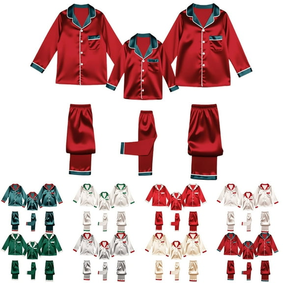 Inglocry Christmas Pajamas for Family Silk Satin Holiday Matching Pajamas Sets Long Sleeve Button Down Comfy Loungewear Sets Men Wine S