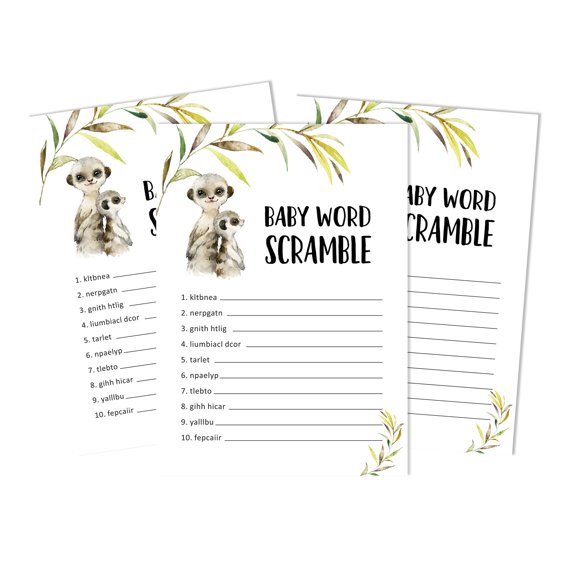 Inkdotpot Set Of 50 Baby ShowerWord ScrambleGame Cards Meerkat Baby Gender Neutral Party Supplies Fun Baby Shower Game Favors
