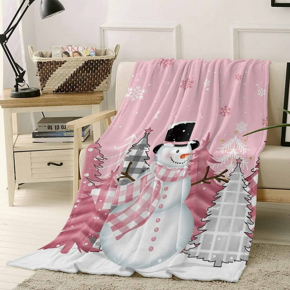 Pink Christmas Throw Flannel Blanket 60x80In Snowman Super Soft Cozy Bed Blanket, Lightweight Plush Fuzzy Bed Throw for Bedroom Sofa Couch Living Room