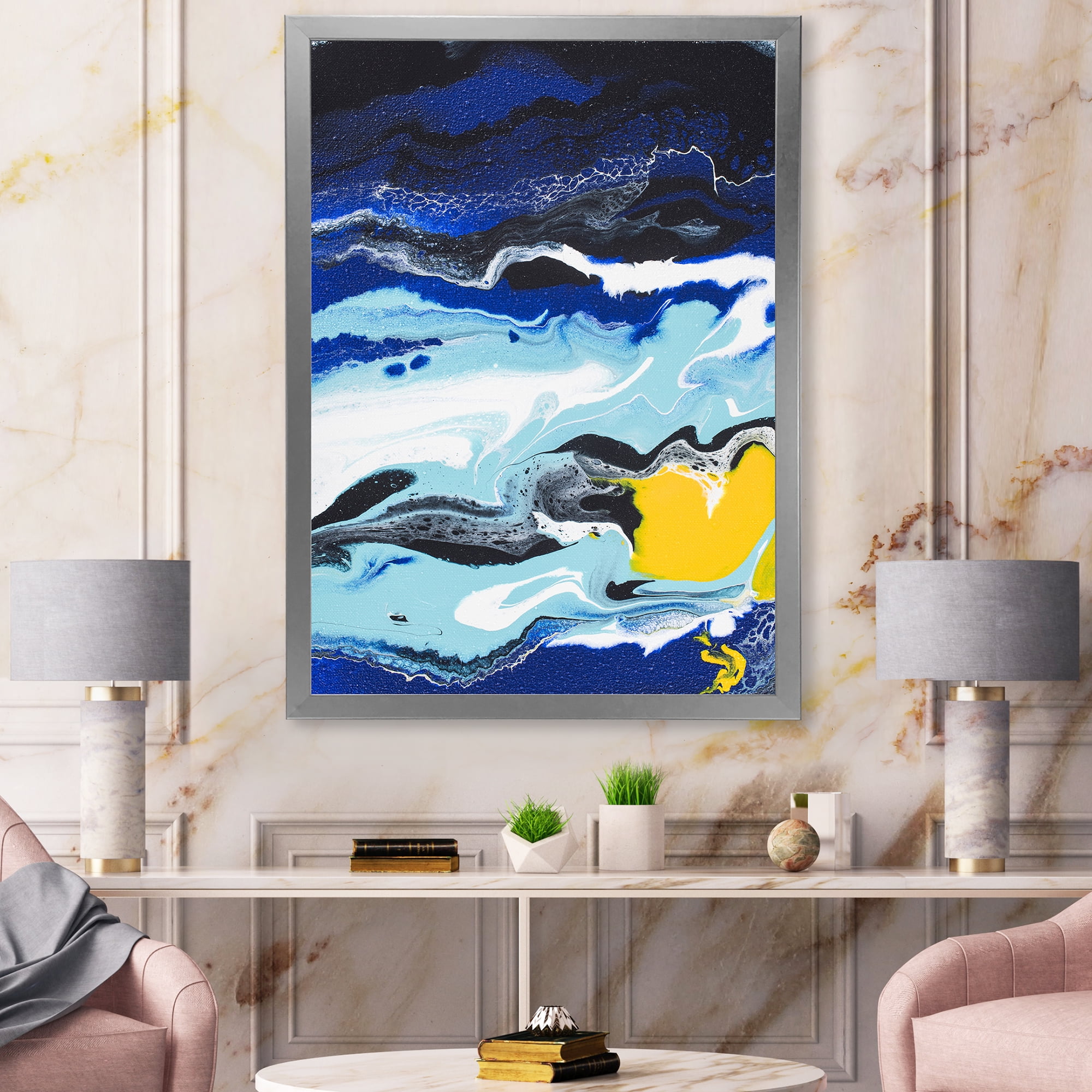 Designart 'Abstract Composition In Blue and Yellow VIII' Modern Framed Art Print