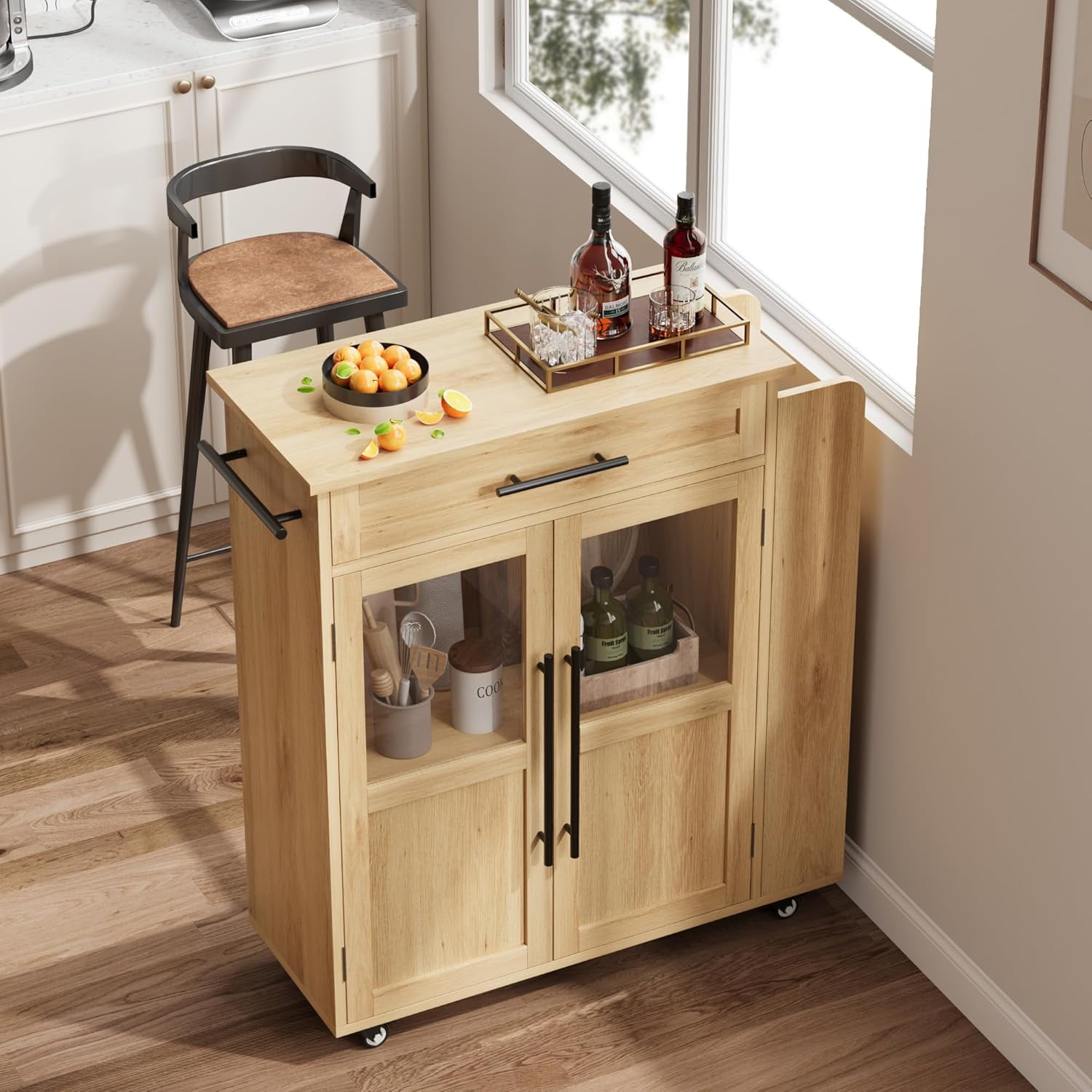 WALYWIK Rolling Wooden Kitchen Island with Drawer, Kitchen Cart with Storage Cabinet on Wheels, Thicker Wooden Top Portable Trolley Island with 3 Spice Rack for Kitchen, Dining Room, Natural Oak