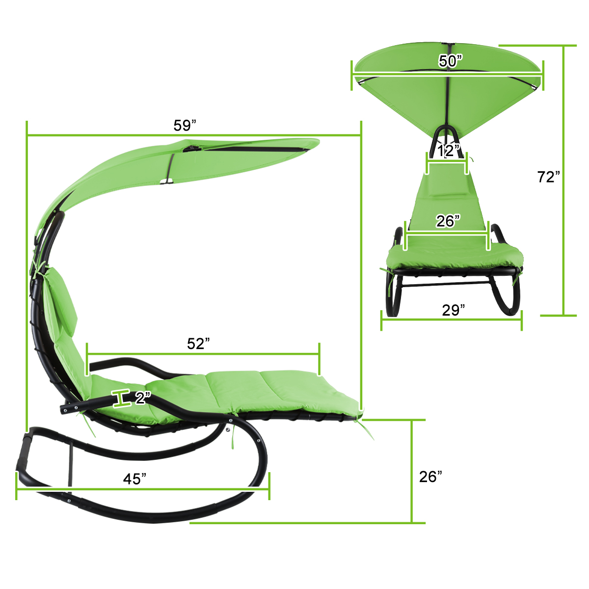 Rocking Hanging Lounge Chair - Curved Chaise Rocking Lounge Chair Swing For Backyard Patio w/ Built-in Pillow Removable Canopy with stand {Green} - image 4 of 8