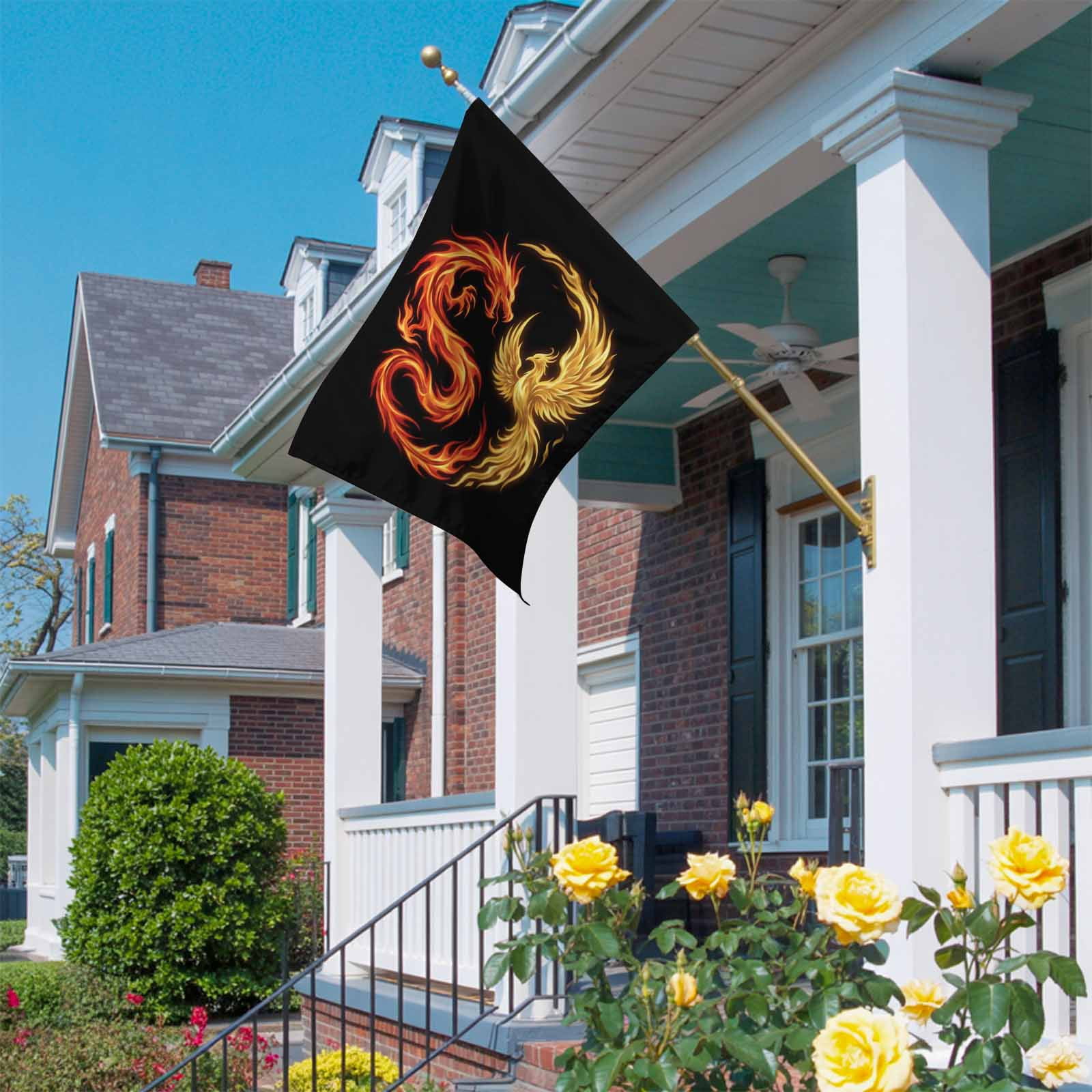 Dragon Phoenix House Flag 28 x 40 Inches, Modern Mythical Mysterious Gold Red Symbolic Black Weather Proof Outdoor Patio Flags Double Sided Small House Decoration for Yard Lawn Outside Home