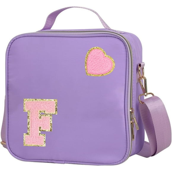 shiyou-Insulated Nylon Lunch Box for Girls, Kids, and Women-Stylish Purple Preppy Large Lunch Bag with Adjustable Strap (Letter F), Tote for School, Travel, and Picnics-Ideal Preppy Stuff Choice