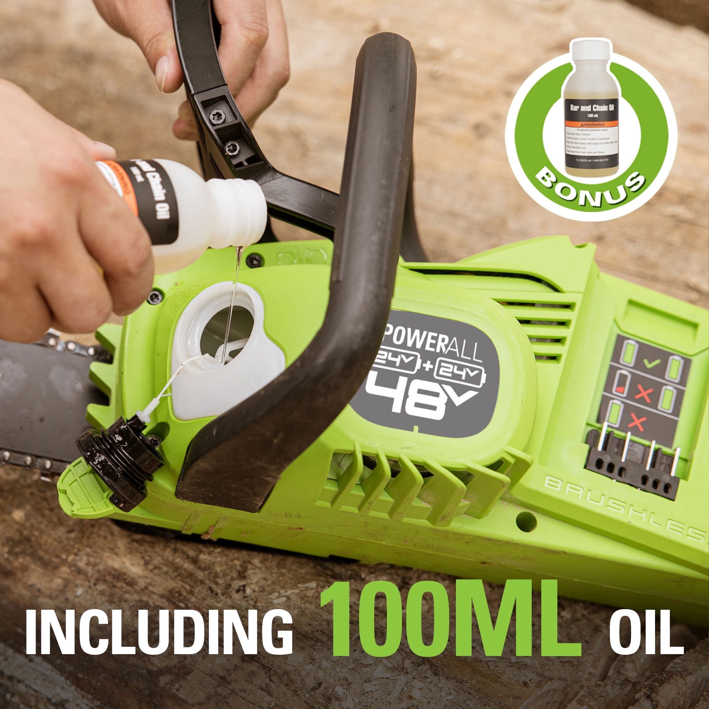 Greenworks 48V (24V x 2) Cordless 14-inch Brushless Chainsaw, with (2) 4Ah USB Batteries and Dual Port Charger, 2017902