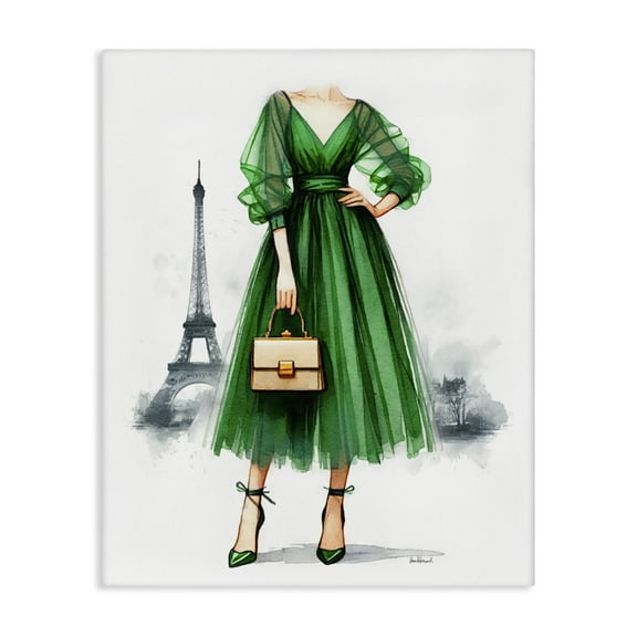 Stupell Industries Parisian Green Dress Fashion Painting Wrapped Canvas Art Print Wall Art, 16 x 20
