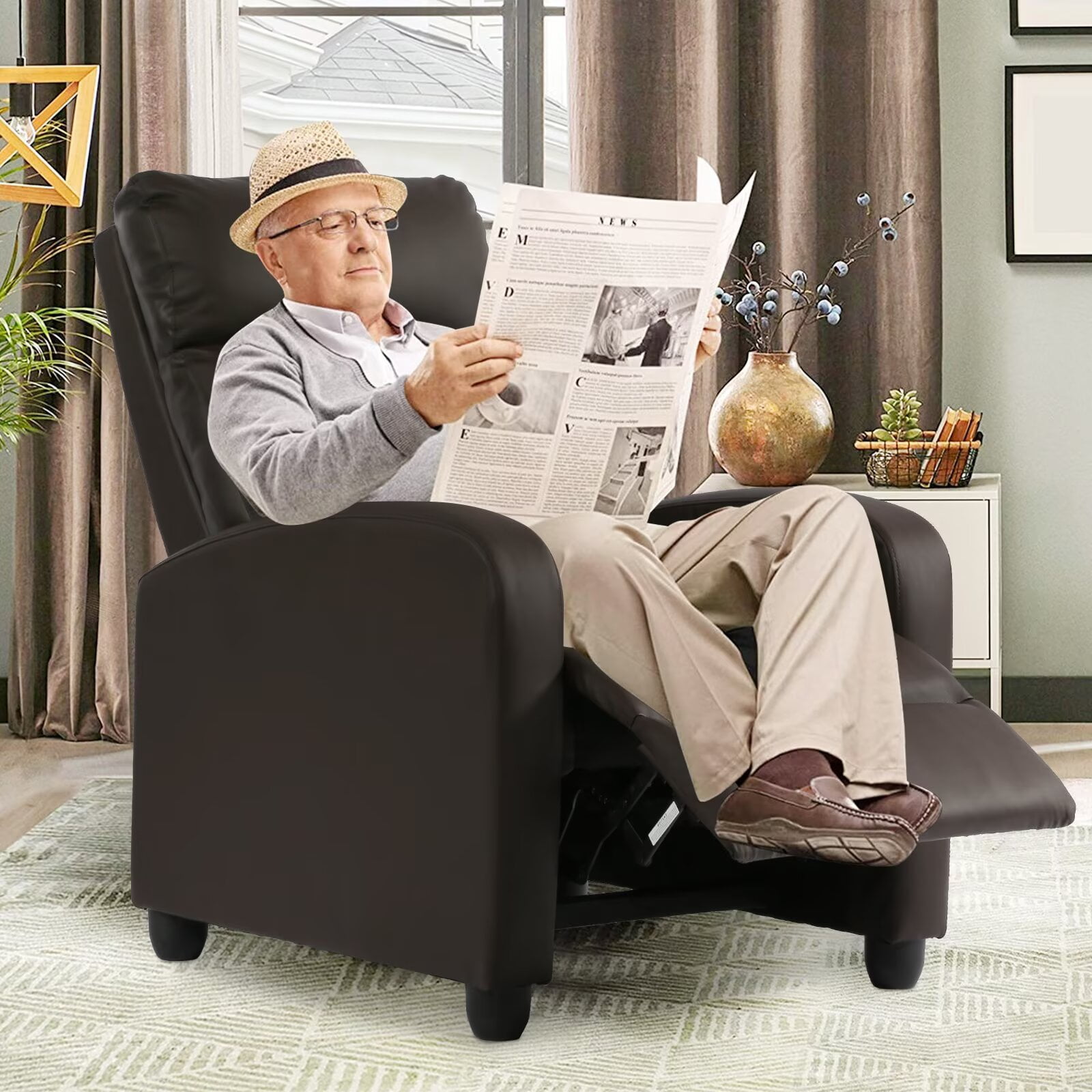 YRLLENSDAN Recliner Chair for Living Room Home Theater Seating Single Sofa Lounge with Padded Seat Backrest PU Leather for Adults, Brown