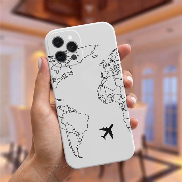 Funda de silicona de viaje con mapa del mundo de aviones populares de lujo para iPhone 11 12 13 14 Pro Max 13Mini 13ProMax Cute Candy Matte Soft Cover Deng Xun unisex