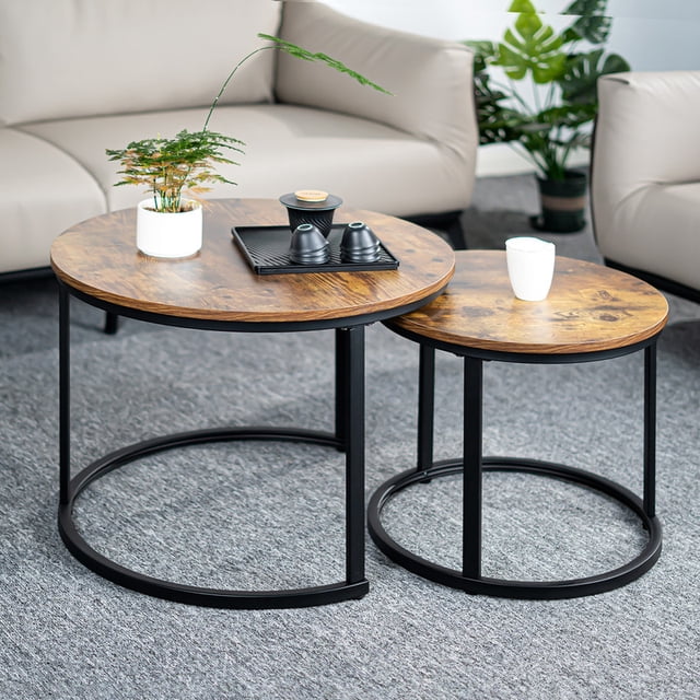 Hawsaiy 2-in-1 Nesting Coffee Table Set,Vintage Round Tea Table with Adjustable Foot Pads,Brown
