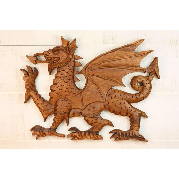 13" Wooden Dragon Wall Art – Hand Carved Mythical Figurine, Rustic Fantasy Wall Decor Sculpture