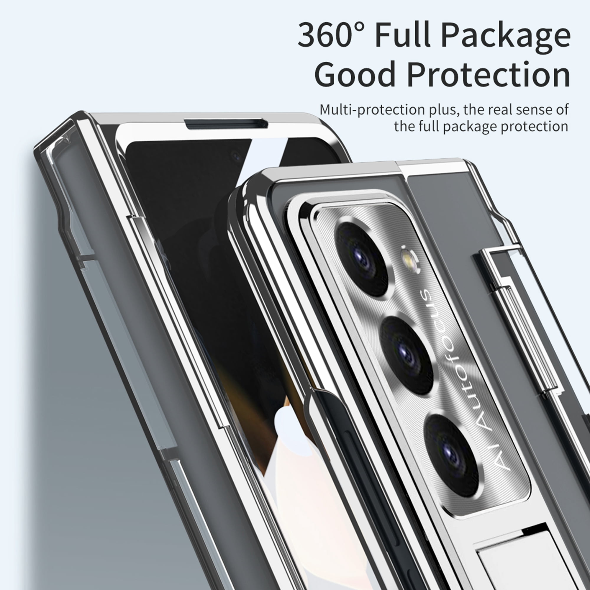Dteck for Samsung Galaxy Z Fold 5 Case, Hinge Protection with Kickstand, Transparent Clear Back Cover with Built-in Screen Protector Shockproof Full Protective Phone Case for Z Fold5 2023,Silver
