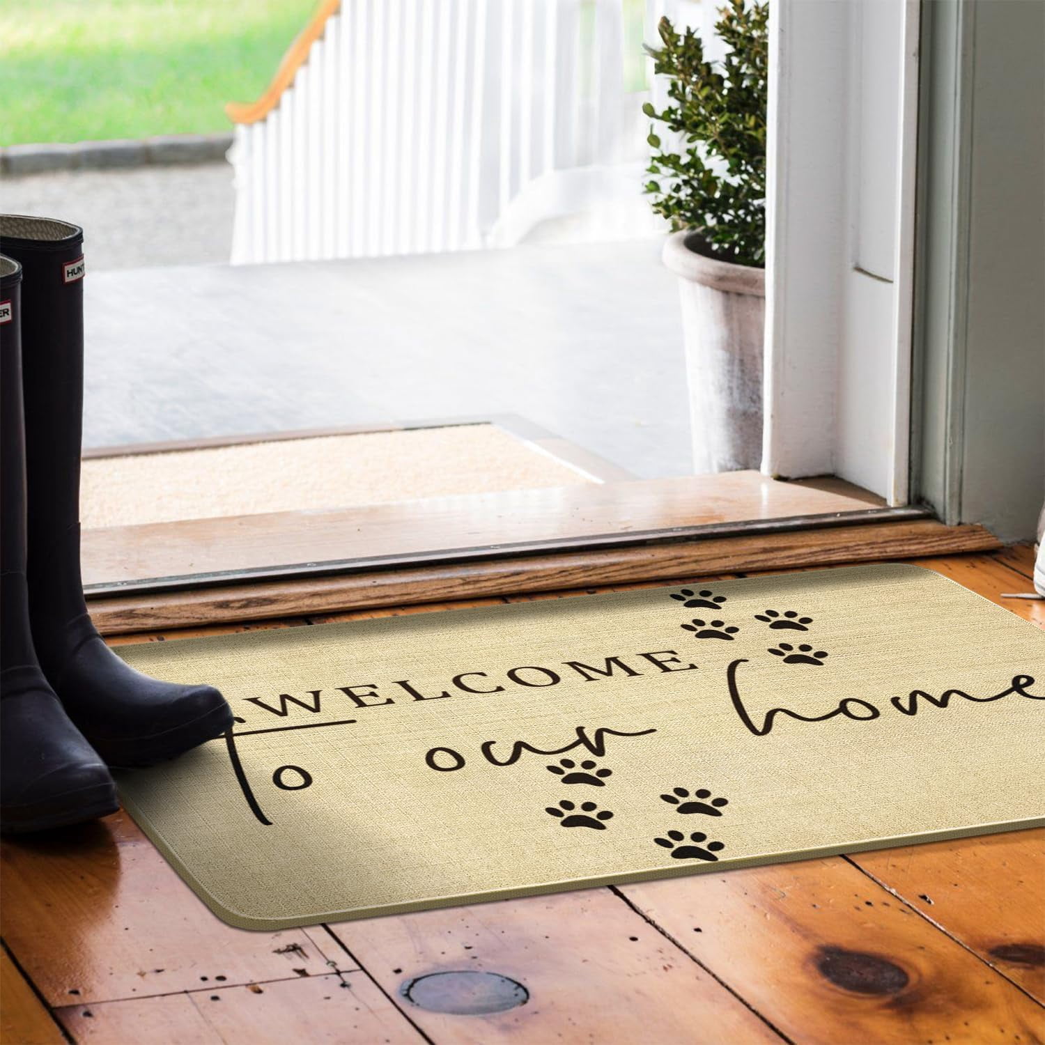 Funny Welcome Door Mats Outdoor,Welcome to Our Home Doormat, Cute Pet Paws Quick Drying Durable Low-Profile Rubber Backing Rug for Indoor Outside Entryway Front Porch Home Decor 30" x 17"