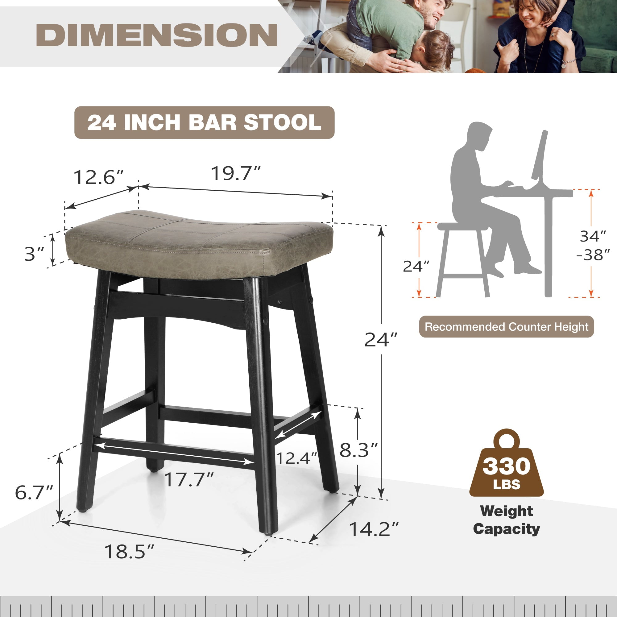 Summit Living 24 inch Wooden Backless Saddle Kitchen Stools Set of 4, Faux Leather Counter Height Stool Chairs, Gray