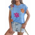 thumbnail image 2 of Women'S Cap Sleeve Floral Short Sleeve Sweater Crew Neck Casual Knit Pullover Tops Blue M, 2 of 10