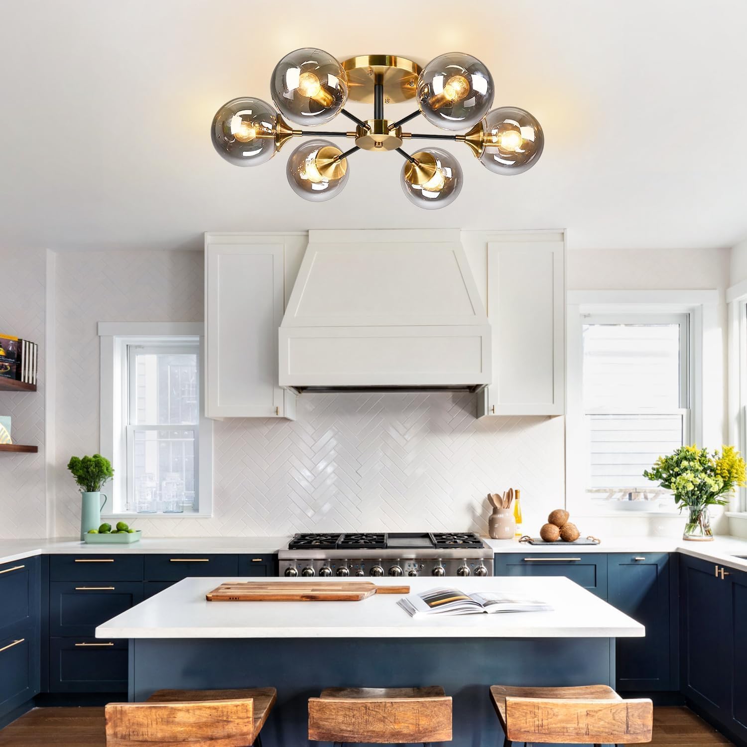 KCO Lighting 6-Light Modern Gold Globe Ceiling Light Brushed Brass Metal Close to Ceiling Lighting Fixture Bathroom Mid Century Smoke Gray Glass Shade Semi Flush Mount Sputnik Chandelier