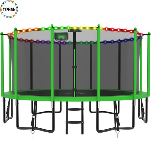 YORIN Trampoline with Trampoline Light, 1500LBS 15FT Trampoline for 8-9 Kids Adults, Recreational Trampoline with Basketball Hoop, Ladder, Galvanized Outdoor Heavy Duty Trampoline