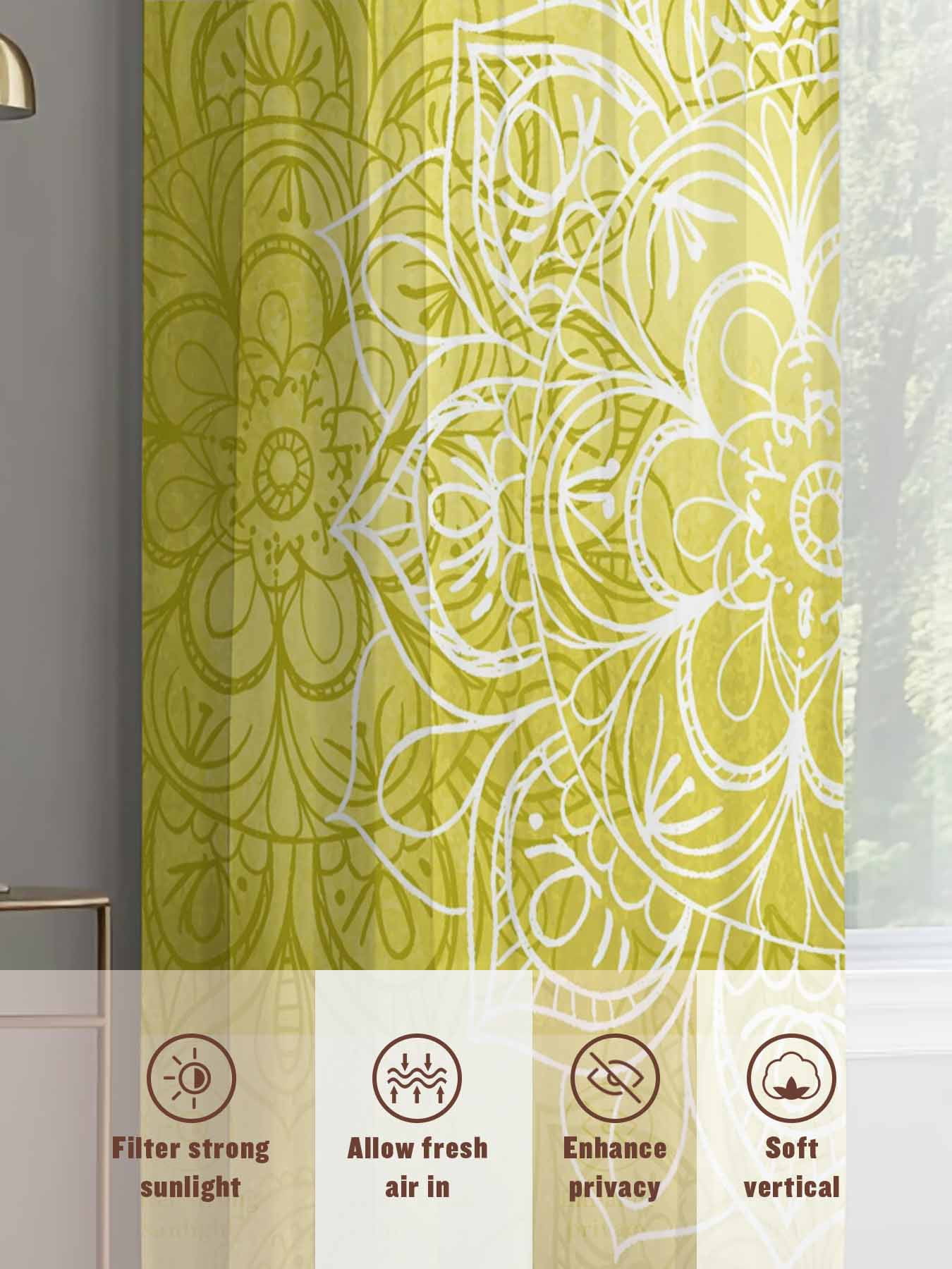 Yellow Boho Flowers Sheer Curtains for Living Room Bedroom, Vintage Abstract Watercolor Yellow Bohemia Floral Light Filtering Sheer Curtains, Rod Pocket Voile Window Drapes, 2 Panels Set 52"x 63"