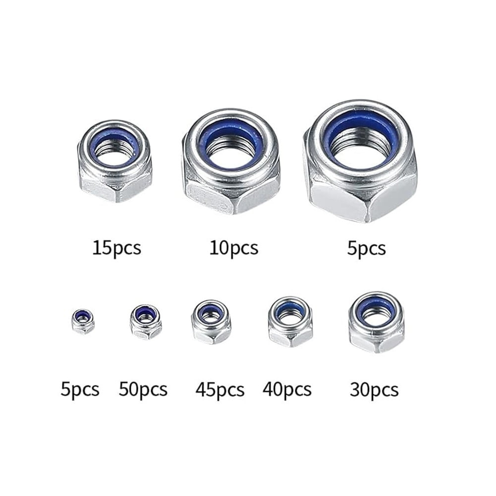 200Pcs Stainless Steel Self-Locking Nuts Assortment Threaded Inserts Hex Nut Set