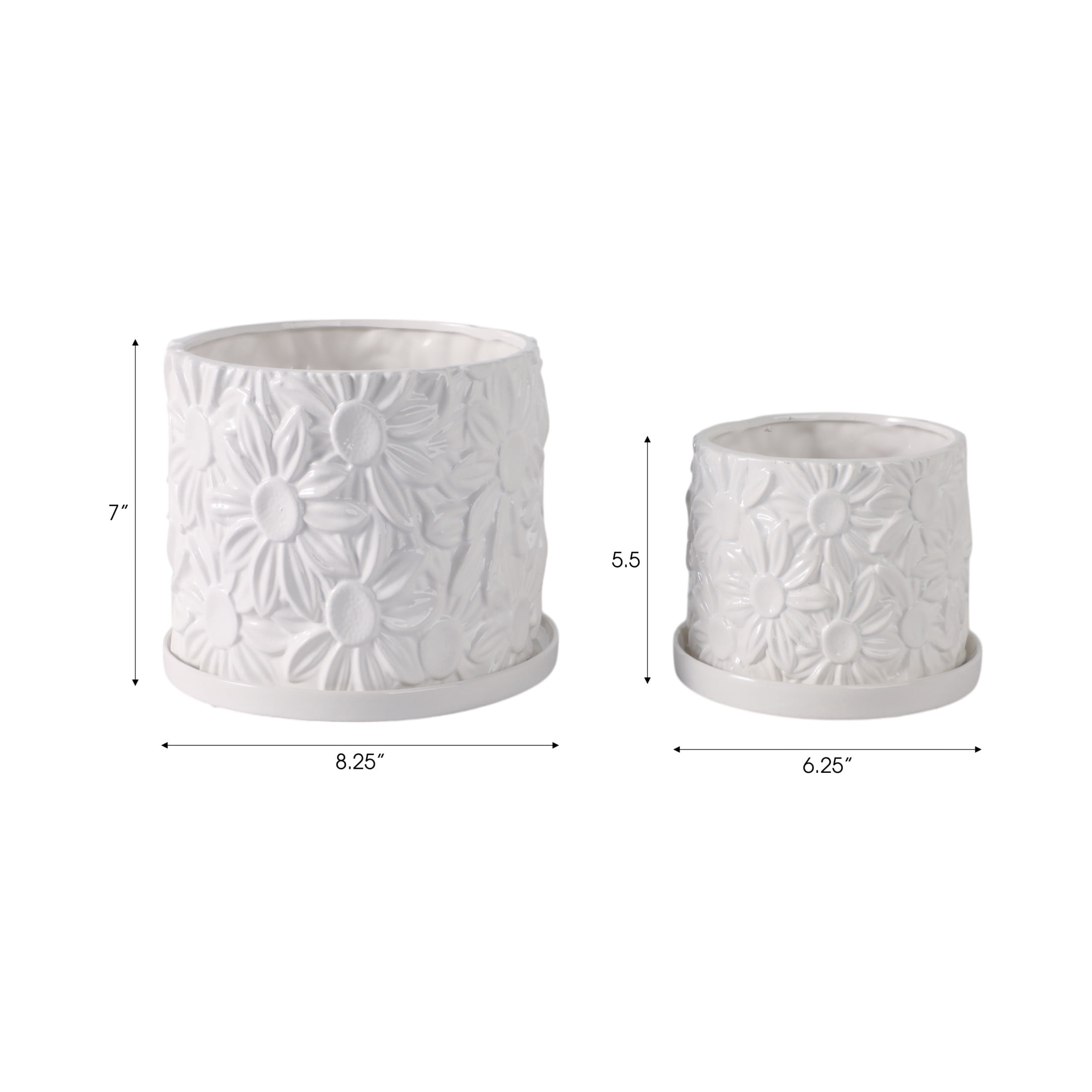 Ceramic Daisy Flower Pot Planter with Saucer for Home Decor - Decorative Plant Pots for Indoor and Outdoor Spaces - Garden Accent for Living Room, Patio, or Backyard - Set of 2, 7", 5", White